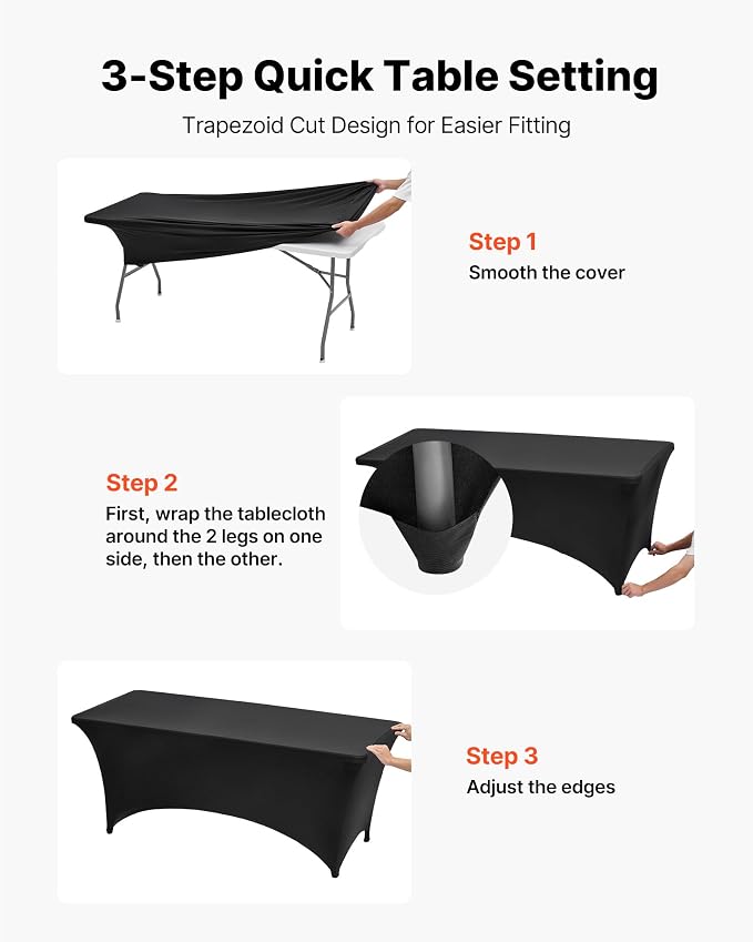VEVOR 6 Pack Table Cloth for 8FT Rectangular Fitted Events, Wrinkle-Resistant Stretch Black Table Covers, Washable Spandex Tablecloth Protector, for Party, Wedding, Cocktail, Banquet, Festival