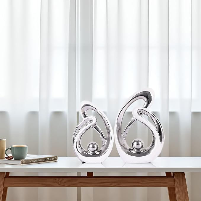 Home Decor Accent,Porcelain Art Mid Century Bookshelf Decorations,Gold Centerpieces for Tables,Abstract Ceramic Statue Sculpture for Coffee Table Mantel Tv Stand Centerpieces (White Silver, Small)