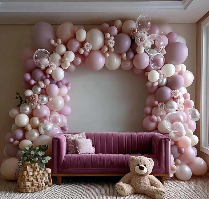 Pink White Balloon Arch Double Stuffed Pearl Pink Bobo Balloons Garland for Birthday Baby Shower Bridal Shower Wedding Fairy Baptism Party Decorations