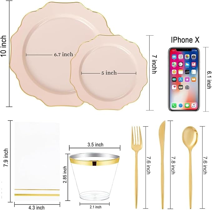 WDF 175Pcs Pink Plastic Plates - Pink and Gold Plates Disposable 25guest Plastic Dinnerware Ideal for Bridal Shower/Wedding/Baby Shower/Spring Party
