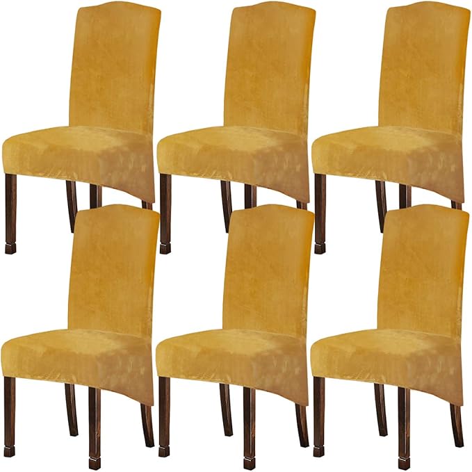 Velvet Plush XL Dining Chair Covers, Stretch Chaircover, Spandex High Chairs Protector Covers Seat Slipcover with Elastic Band for Dining Room,Wedding, Ceremony, Banquet (Mustard Gold, Set of 6)