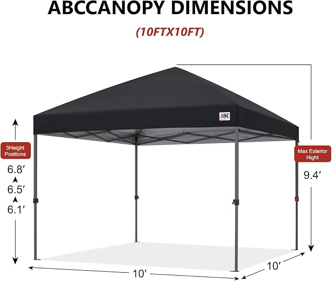 ABCCANOPY 10x10 Pop Up Canopy Tent, Easy Setup Instant Shelter with Wheeled Bag, Heavy Duty Outdoor Canopy for Beach, Market, Backyard, UV Protection, Outdoor Weather Protection (Dark Black, 10x10)