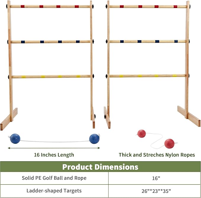 ApudArmis Ladder Toss Game Set, 35x26In Pine Wooden Golf Ladder Lawn Game with 6 Bolos Balls and Carrying Case - Outdoor Backyard Game for Teens Adults Family（New Version Sturdy Bolts）