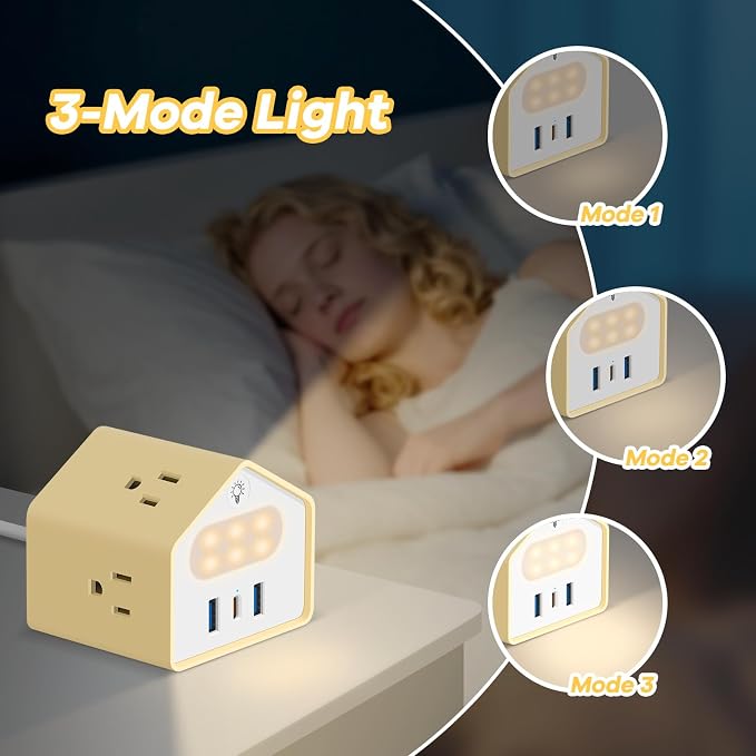 Handy Power Strip with Night Light - Yolk-Yellow Power StripOverload Protection Plug- 20W USB C Charging Station - 4 Outlets + 3 USB Ports for Desk, Nightstand, Couch, Makeup, Electronic Accessories