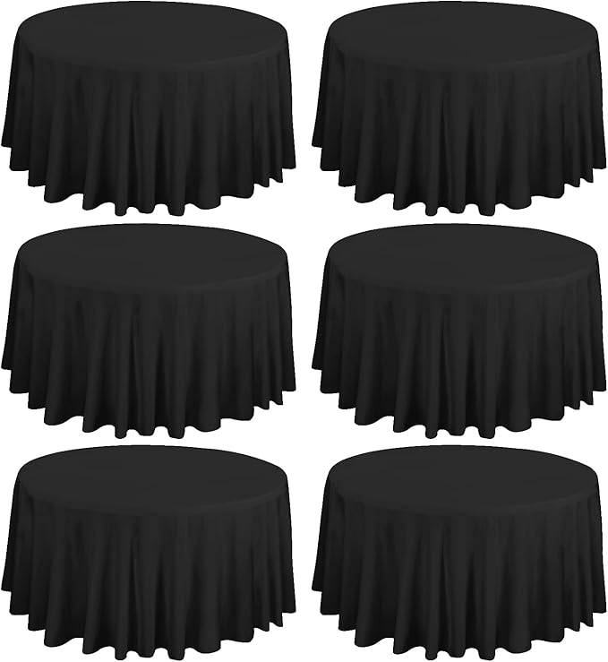 fani 6 Pack 108 Inch Round Tablecloth, Black Polyester Fabric Table Cloth for Round Table, Stain and Wrinkle Washable Table Cover for Wedding Party Dining Table Buffet Banquet Restaurant and Camping