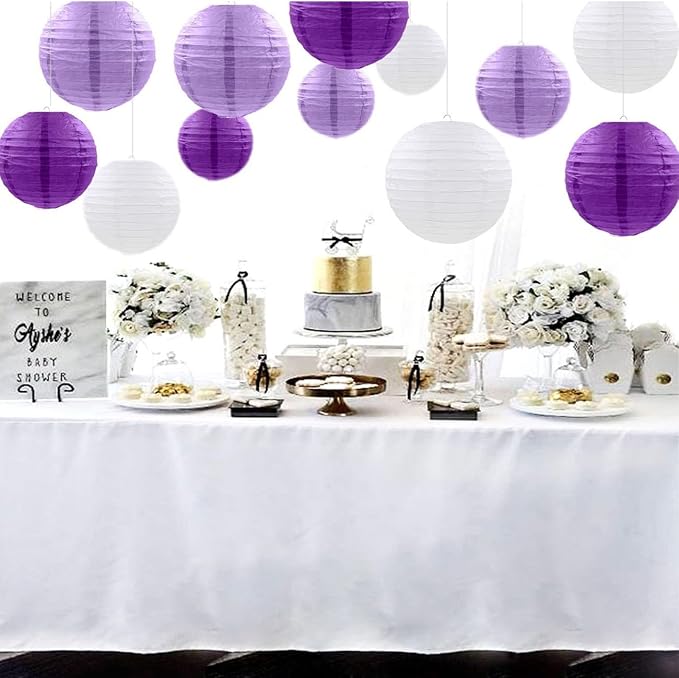 CC wonderland zone 12pcs Purple Hanging Paper Lanterns,Lilac Round Paper Lanterns for Birthday,Baby Shower,Wedding,Party,Home Ceiling Decoration（4" 6" 8" 10" ）