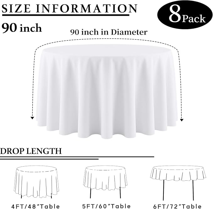 8 Packs 90 Inch White Round Tablecloth in Diameter, Washable Polyester Fabric Tablecloths, Wrinkle Resistant Table Cloth for Wedding Party Banquet Dining