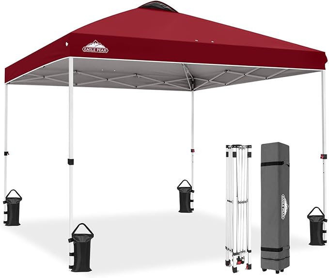 EAGLE PEAK Pop Up Canopy Tent with Wheeled Carry Bag, 8 Stakes, 4 Ropes, 4 Weight Bags, Easy Set Up Tent Canopy, 10x10 ft, 100sqft of Shade, Burgundy