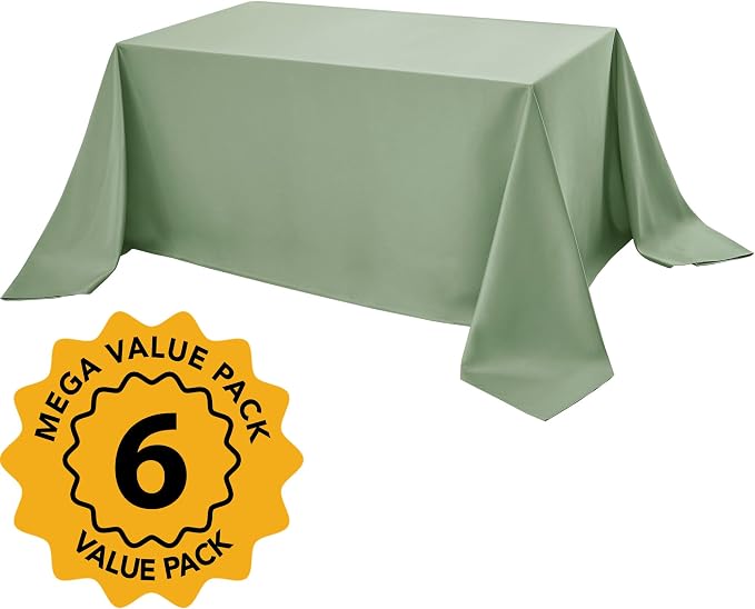 6-Pack Sage Green Tablecloths for Rectangle Tables, 90 x 132 Inches, Stain-Resistant Polyester Fabric for 8 Foot Tables - Washable Table Covers for Weddings, Birthday Parties, Events