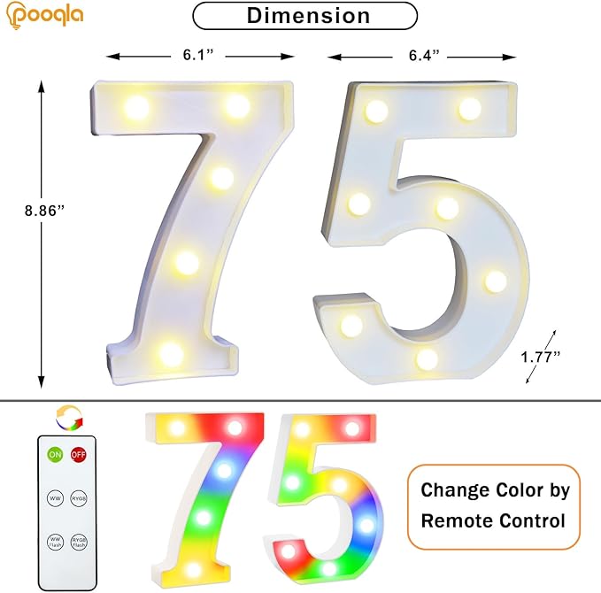 Pooqla 75th Birthday Decoration for Her Him, Decorative LED Light Up Numbers, Marquee Numbers 75 Sign for Party Backdrop 75th Wedding Anniversary Decor Gift, Warm White and Colorful Number 75