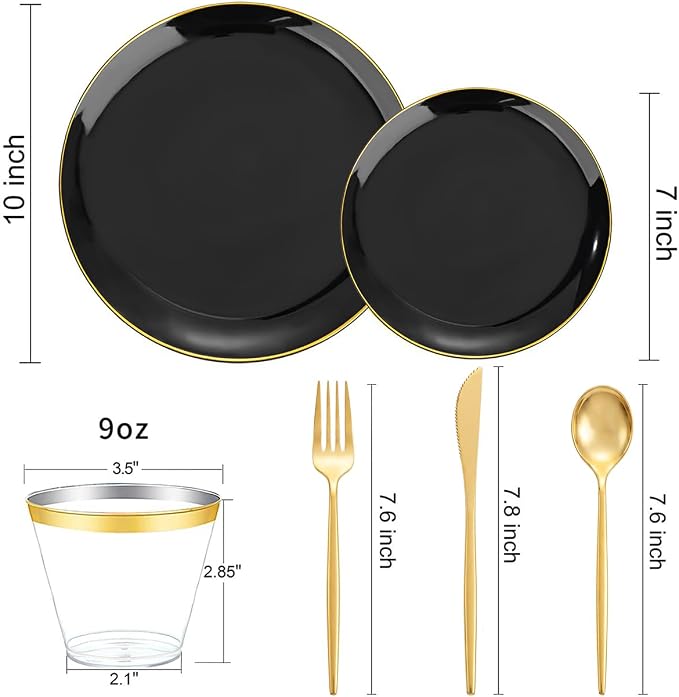 bUCLA 150PCS Black and Gold Plastic Plates - Black Gold Plastic Dinnerware Set Disposable - Include 25 Dinner / 25 Dessert Plates, 25 Knives, 25 Forks, 25 Spoons, 25 Cups, Ideal for Party & Graduation