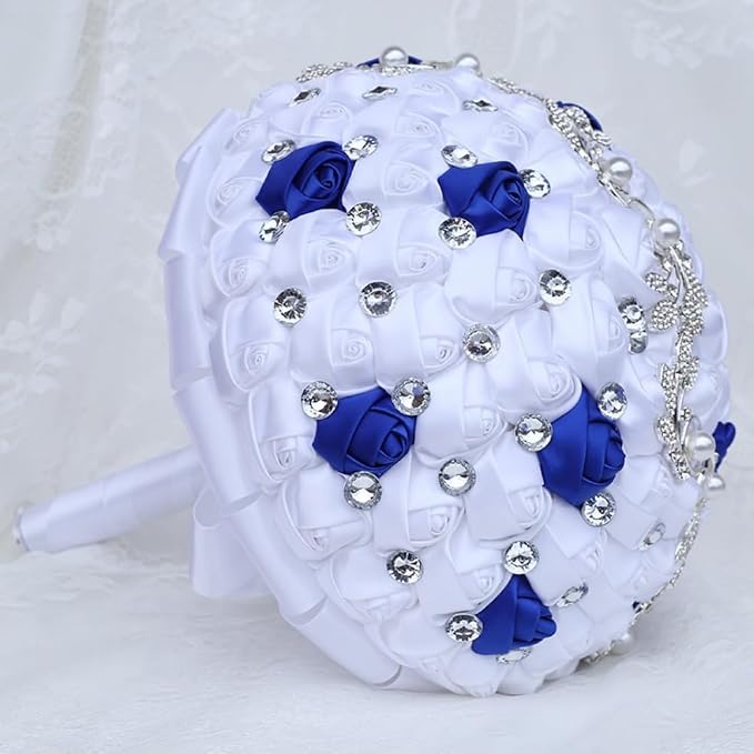 Bridal Wedding Bouquet with Silver Rhinestone Brooch Bouquet for Bride Bridesmaid Quinceanera Satin Rose Flower Bouquet Wedding Royal Blue and White 9.5in