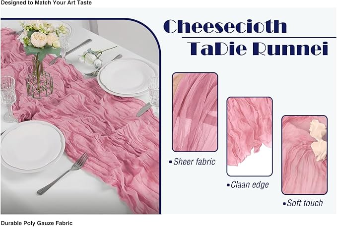 6 Pack Dusty Rose Cheesecloth Table Runner 21x120 Inch Boho Wrinkled Sheer Romantic Gauze Decor for Wedding, Bridal Shower, Birthday Party
