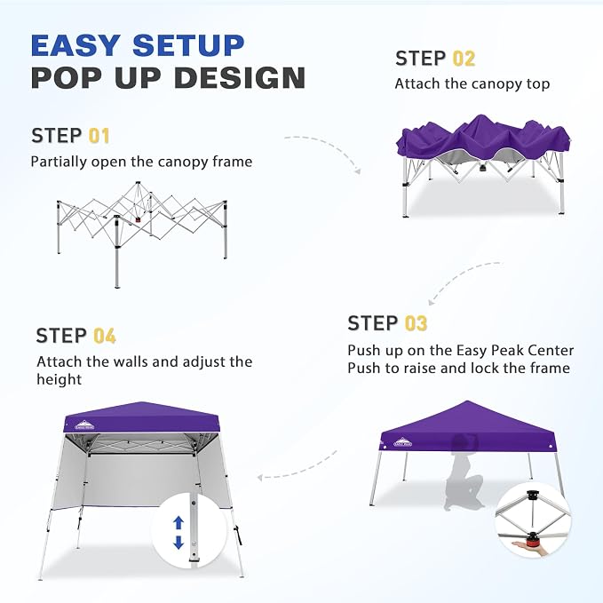 EAGLE PEAK Day Tripper 8x8 Aluminum Super-Lightweight Slant Leg Pop Up Canopy with 3 Removable Walls, Instant Outdoor Backpack Canopy Tent, Outside Beach Folding Sun Shelter, 8x8 Base 6x6 Top, Purple