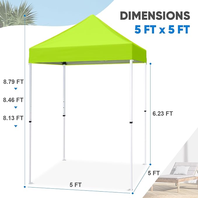 COOS BAY 5x5 Pop Up Canopy Tent, Portable Lightweight Sun Shelter with Carry Bag, Easy Setup Outdoor Canopy for Beach, Camping, Sports & Backyard Shade, Neon Green