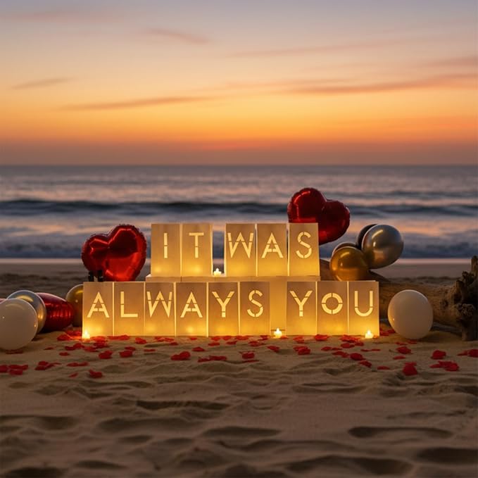 It was Always You Light Up Letters Signs, Romantic Proposal Anniversary Valentines' Day Decorations with Luminary Paper Bags, LED Tea Light Candles, Red Heart Balloons, Artificial Rose Petals