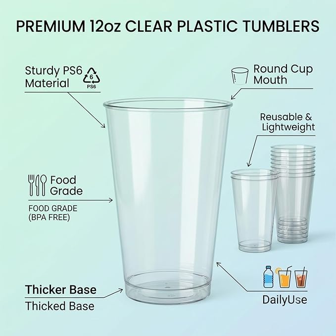 Byvivace 100Counts 12 OZ. Hard Plastic Cups Fancy Disposable Cups for Party, 12 Ounce Clear Elegant Wedding Cups Disposable Wine Glasses for Parties