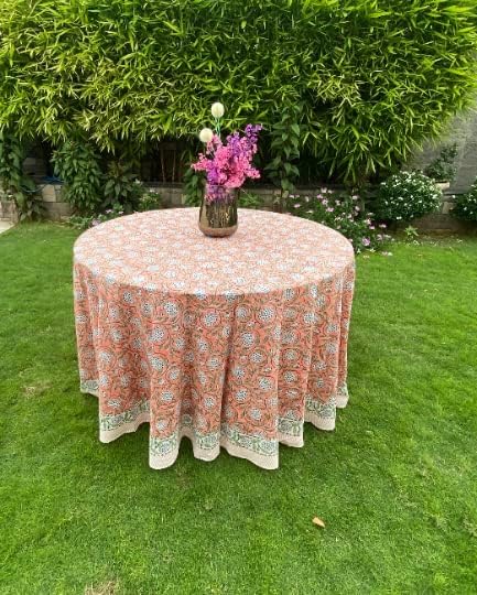 Ridhi Round Tablecloth Hand Block Print 100% Cotton Reusable Dark Salmon 120 Inch Table Cover Decorative Everyday Use for Dining, Home, Party, Wedding, Farmhouse, Party Gift for Spring, Mother's Day