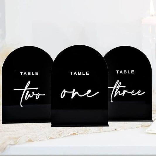Black Arched Wedding Table Numbers 1-20 with Stands, 5x7 Inch Acrylic Arch Sign with Raised White Numbers, 3D Arched Acrylic Table Numbers for Wedding Reception