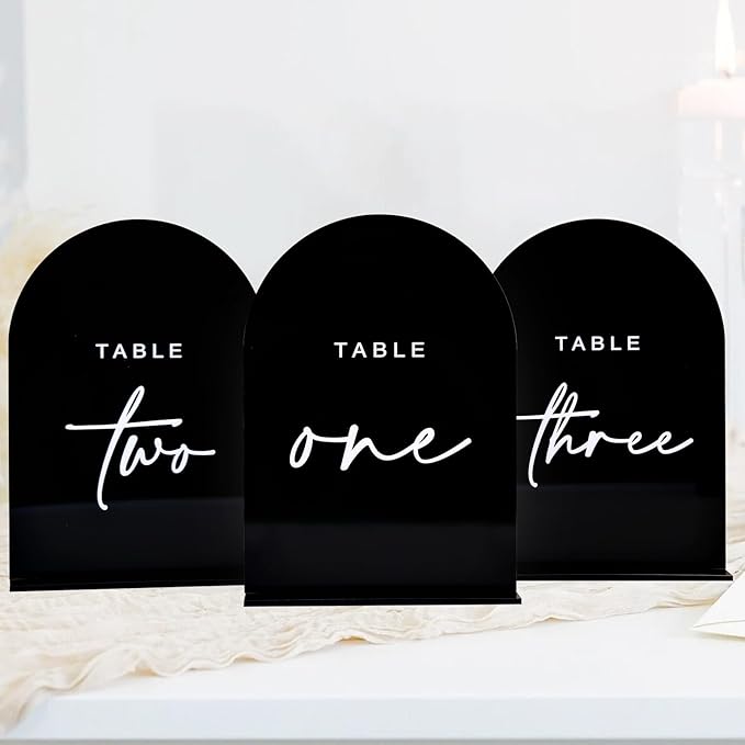 Black Arched Wedding Table Numbers 1-15 with Stands, 5x7 Inch Acrylic Arch Sign with Raised White Numbers, 3D Arched Acrylic Table Numbers for Wedding Reception