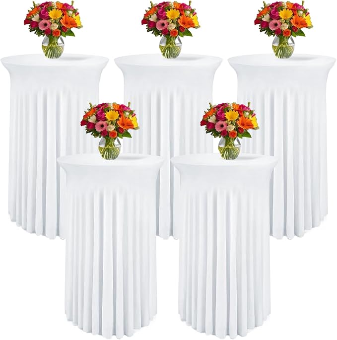 WJWHQ 5 Pack Round Spandex Cocktail Tablecloths with Skirt - Stretch Table Covers for High Top Bar, Wedding, Party, Banquet (White, 32 x 43 Inch)