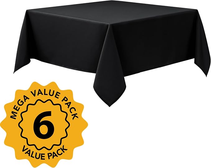 6-Pack Black Tablecloths for Square Tables, 54 x 54 Inches, Stain-Resistant Polyester Fabric for 2 Foot Tables - Washable Table Covers for Weddings, Banquets, Birthday Parties, Events
