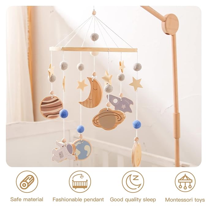 Space Nursery Mobile - Crib Mobile for Babies - Wooden Baby Mobile -Solar System Crib Mobile Astronaut Theme Nursery Bed Decoration,Gift for Newborn (Blue Space)