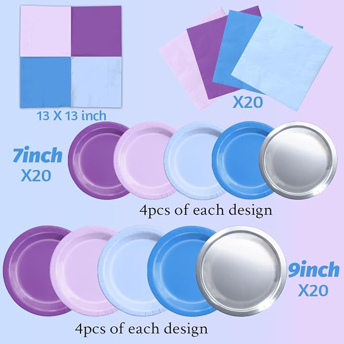 CMUSKO Winter Wonderland Decorations - 60Pcs Blue Purple Snowflake Plates & Napkins Set Winter Wonderland Tableware for Birthday Christmas New Year