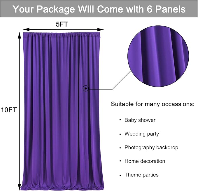 30ft x 10ft Wrinkle Free Purple Backdrop Curtains for Parties, 6 Panels 5ftx10ft Polyester Backdrop Drapes for Mermaid Birthday Photography Background Parties