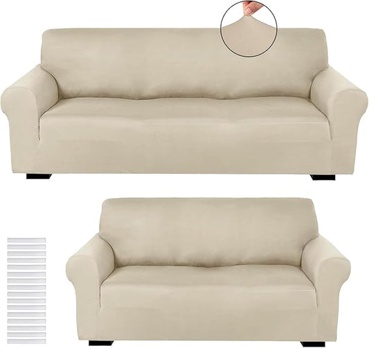 Peryiter 2 Pcs Sofa Covers Couch and Loveseat Covers Set Stretch Sofa Slipcover for Living Room Armchair Furniture Protector, Wrinkle Proof(Beige,Milk Silk)