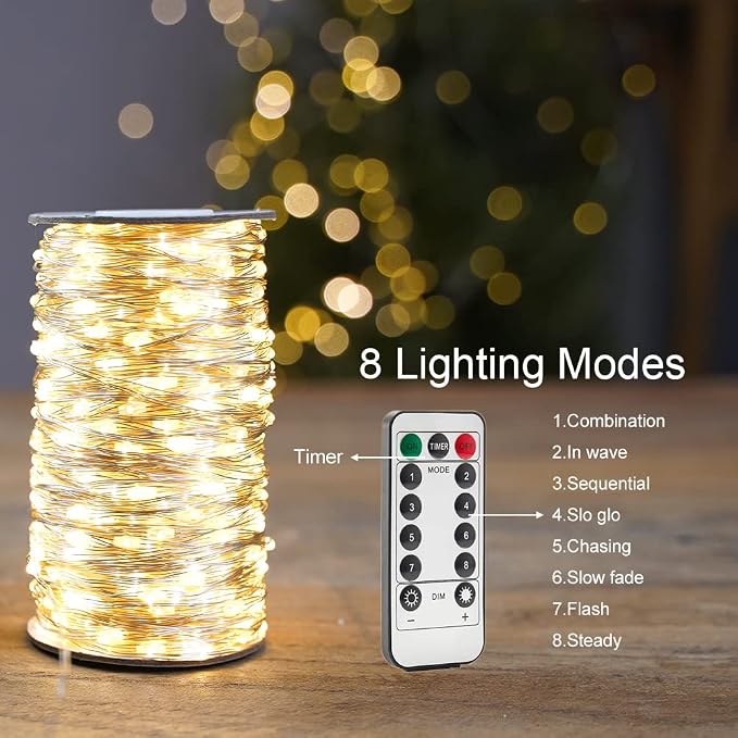 2 Pack Plug in Fairy Lights 100FT 300 LED Waterproof Silver Wire LED Twinkle String Lights with Remote for Living Room Bedroom Patio Porch Garden Christmas Tree Wedding