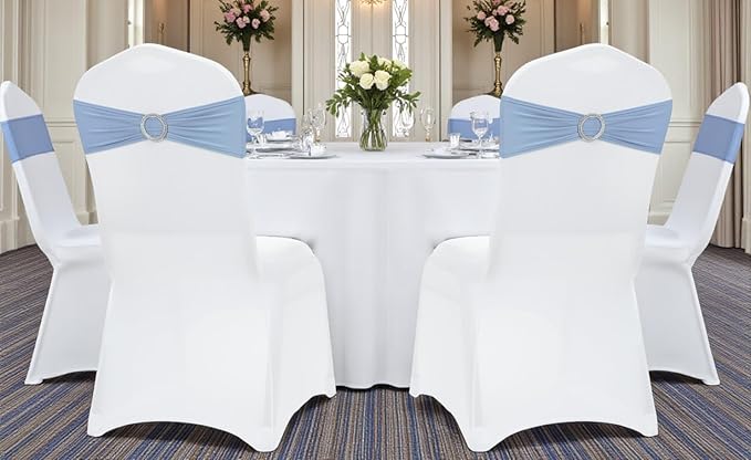 VDS - Baby Blue | Spandex Chair Sashes Bows | 250 PCS | Stretch Elastic Banquet Universal Folding Chair Band Tie with Silver Buckle Slider for Wedding Party Conference Celebration Event Decoration