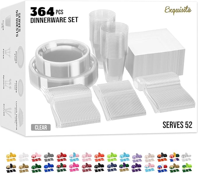350 Pcs Clear Plastic Plates For Party, Clear Disposable Plates Set, 50 Of Each 9" Dinner Plate Set, 7" Dessert Plate, Cups, Napkins & Cutlery Plastic Dinnerware Set Exquisite