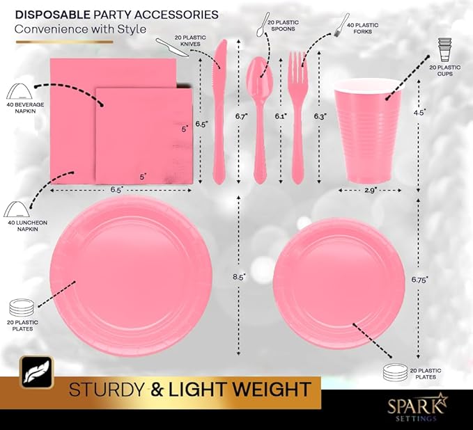 Pink Party Supplies Set Paper Plates Plastic Cups Forks Knives Spoons Napkins Tablecloth Serves 20 Guests Disposable Dinnerware Set of 222 Pieces, Complete Tableware for Party - By SparkSettings