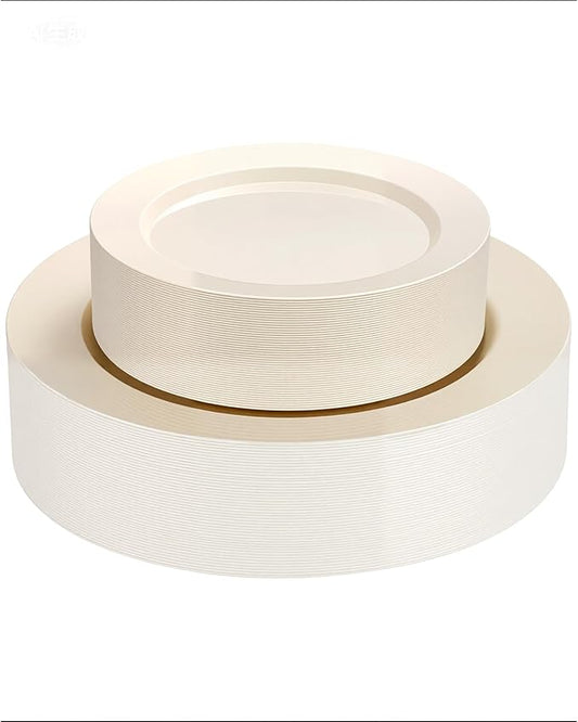 Goodluck 120 PCS Ivory Plastic Plates, Heavy Duty Disposable Ivory Plates with 60 10.25 inch Dinner Plates and 60 7.5 inch Dessert Plates for Party, Holiday, Wedding