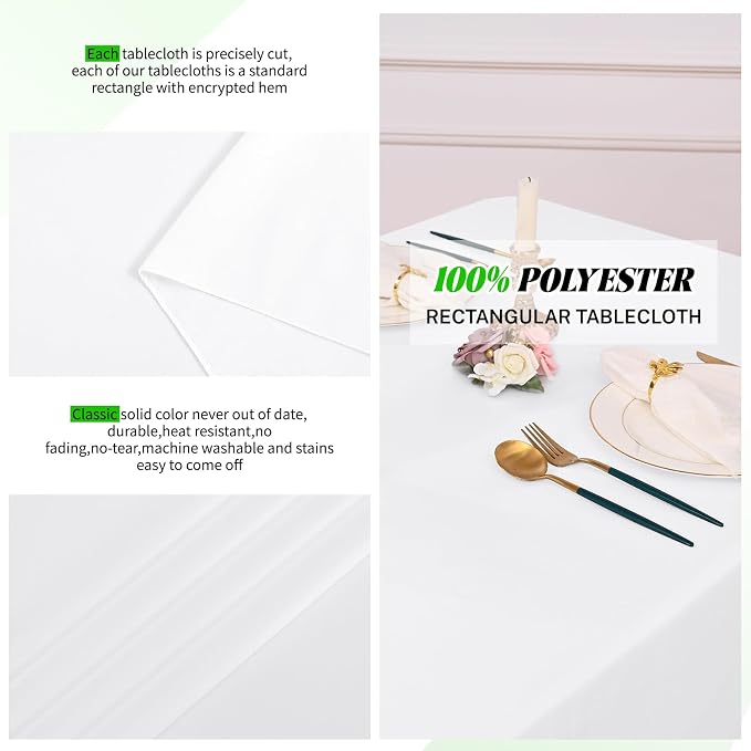 Pesonlook 12 Pack White Polyester Tablecloth-90 x 132 Inch White Rectangle Tablecloth for 8 Ft Rectangle Tables,Washable Fabric Table Cover for Wedding/Buffet Party/Dining Table/Events
