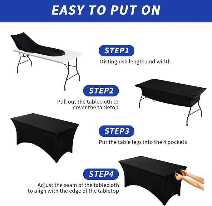 Fixwal 12 Pack Black Tablecloth Rectangle 6Ft, Stretch Spandex Fitted Table Cover for Party, Trade Show, Wedding, Buffet, Graduation, Vendor Stand