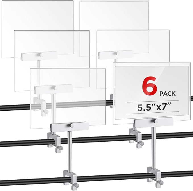 FoldTier 6 Set 5.5 x 7 Inch Clothing Rack Sign Holder Aluminum Alloy Retail Sign Holder with Clamp Acrylic Frame for Retail Stores Price Card Display(Silver)