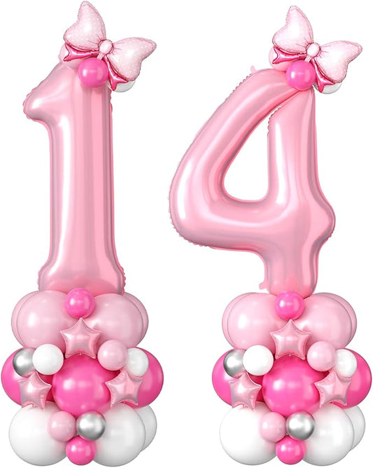 Pink Number 14 Balloons 40 Inch Pastel Pink 14th Birthday Party Decorations Baby Hot Pink White Number 41 Foil Balloon Tower with Bows Giant Large Digit Helium Balloon for Girls Women 41st Anniversary