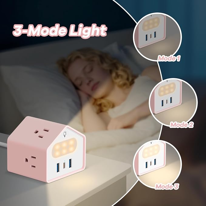 Lovely-Pink Power Strip with Night Light - Kawaii USB C Power Strip Desk Accessories - 4 Outlets 3 USB Ports - Overload Protection Plug Extender for Home, Office, Dorm, Travel, Hotel, Women, Girls