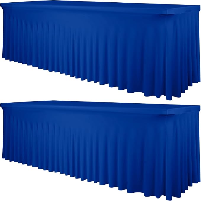 2 Packs Royal Blue Stretch Table Skirts for 8 Foot Rectangle Table, Washable Spandex Stretch Tablecloths with Skirt, Wrinkle Resistant Fitted Tablecover for Wedding Party Banquet