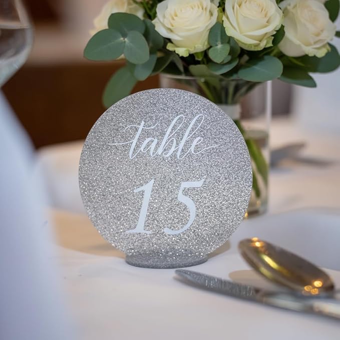 Wedding Table Numbers 1-20, table numbers signs, with Self Standing Base 5.1 x 5 inches, Silver Glitter Table Numbers Sparkle with light, ideal for Wedding Receptions, Parties and Special Events