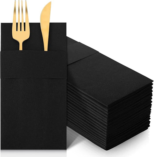 Cindeer 150 Pcs Black Linen Dinner Feel Napkins with Built in Flatware Pocket Prefolded Paper Disposable Airlaid Guest Hand Towel for Silverware Wedding Reception Christmas Baby Shower