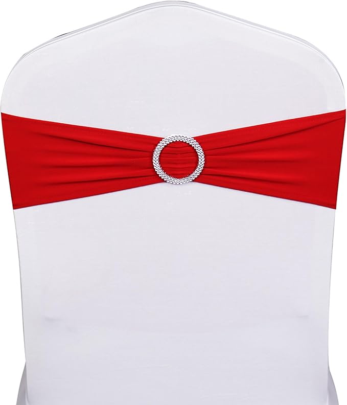 Wedding Red Chair Sashes 100 Pack Spandex Chair Bows Bands with Buckles for Party Birthday Bridal Shower Engagement Banquets Anniversary Christmas Outdoor Events Decorations (Red)