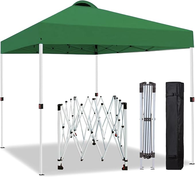 10x10 Pop Up Canopy Tent, One Push Center Lock Instant Setup Folding Shelter, High Strength Steel Frame and Handheld Carry Bag, Ground Stakes and Wind Ropes for Camping, Parties, Green