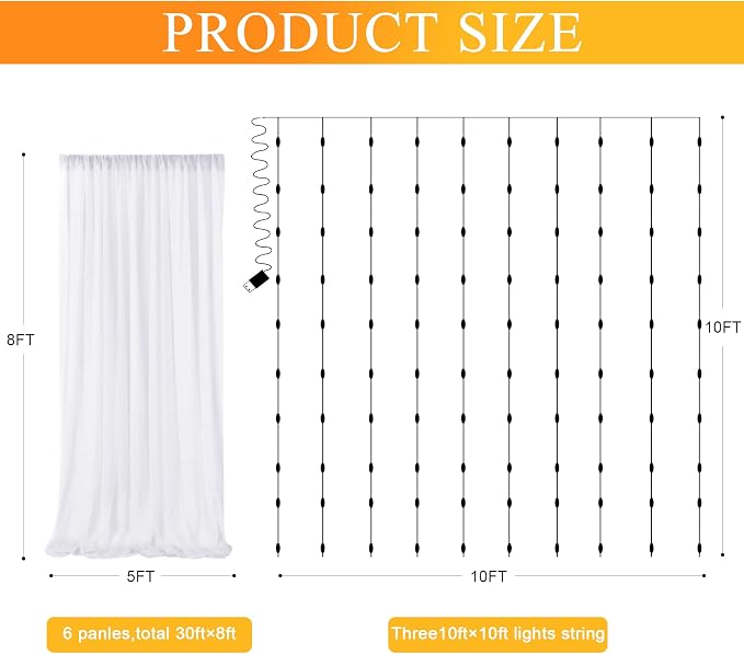 Fomcet Tulle Backdrop Curtains White 30FT X 8FT Tulle Curtains with Lights String Sheer Backdrop Curtain for Parties Wedding Baby Shower Photo Shoot Decorations (6 Panels 5 x 8FT)