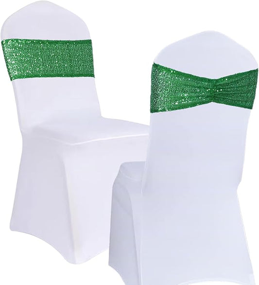 Eternal Beauty Set of 10 Green Chair Sash Band Bows Sequin Chair Sashes for Wedding Cover Decorations
