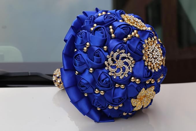 Royal Blue Bridal Wedding Bouquet with Gold Brooch Rhinestone Pearl Satin Rose Flower Bouquet for Bride Bridesmaid Quinceanera Wedding Royal Blue 7.1in