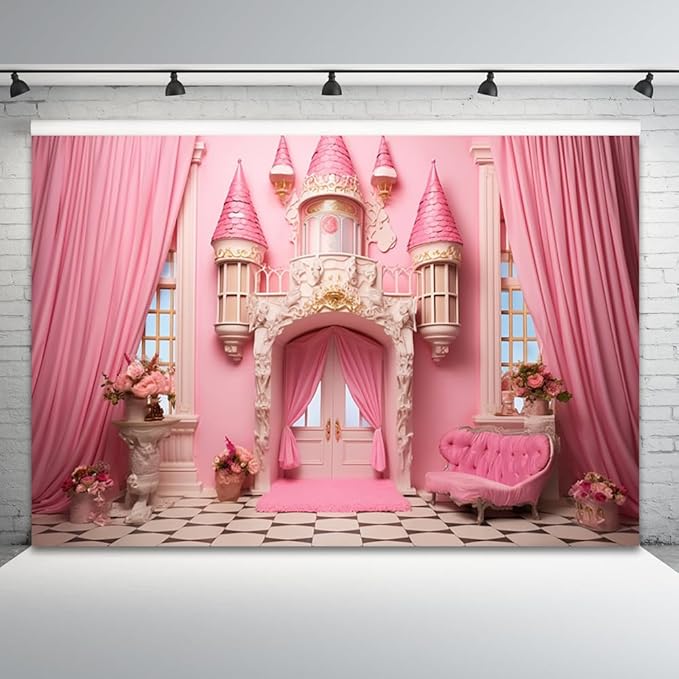 6x4ft Pink Castle Backdrop Room Door Curtain Photography Background Flowers Vases Sofa Princess Girl Birthday Banner Decorations Newborn Baby Shower Wedding Party Portrait Photo Booth Prop