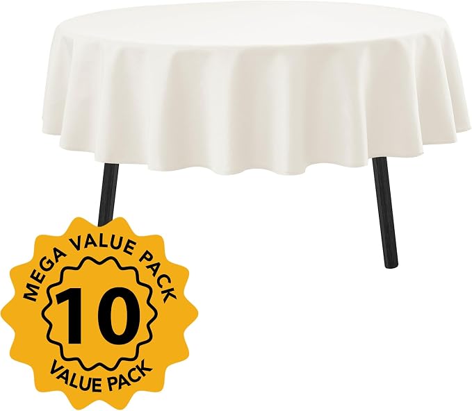 10-Pack Ivory Round Tablecloths, 70 Inches, Stain-Resistant Polyester for 3-4 Ft Round Tables - Washable Table Covers for Weddings, Banquets, Birthday Parties, Events